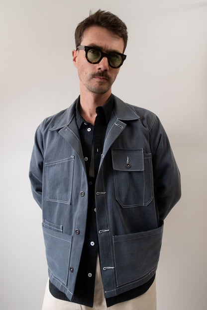 Veste d'atelier denim émerisé bleu gris