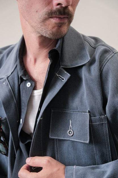 Veste d'atelier denim émerisé bleu gris