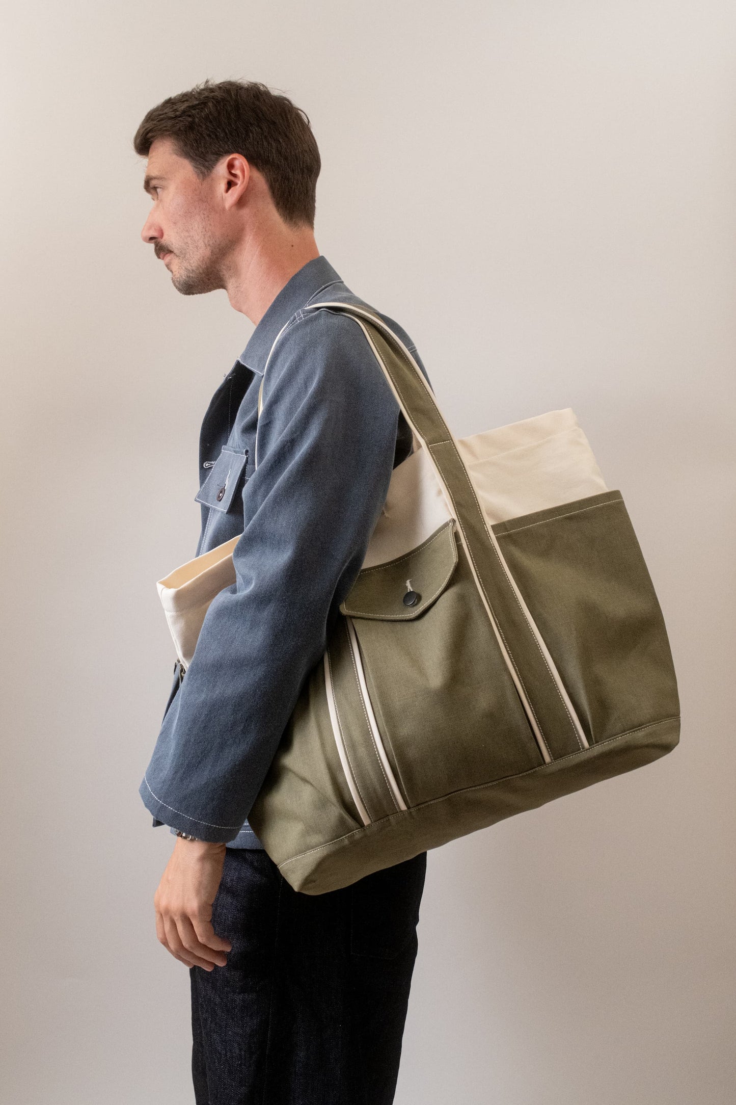 Sac à tout faire denim vert et canvas écru